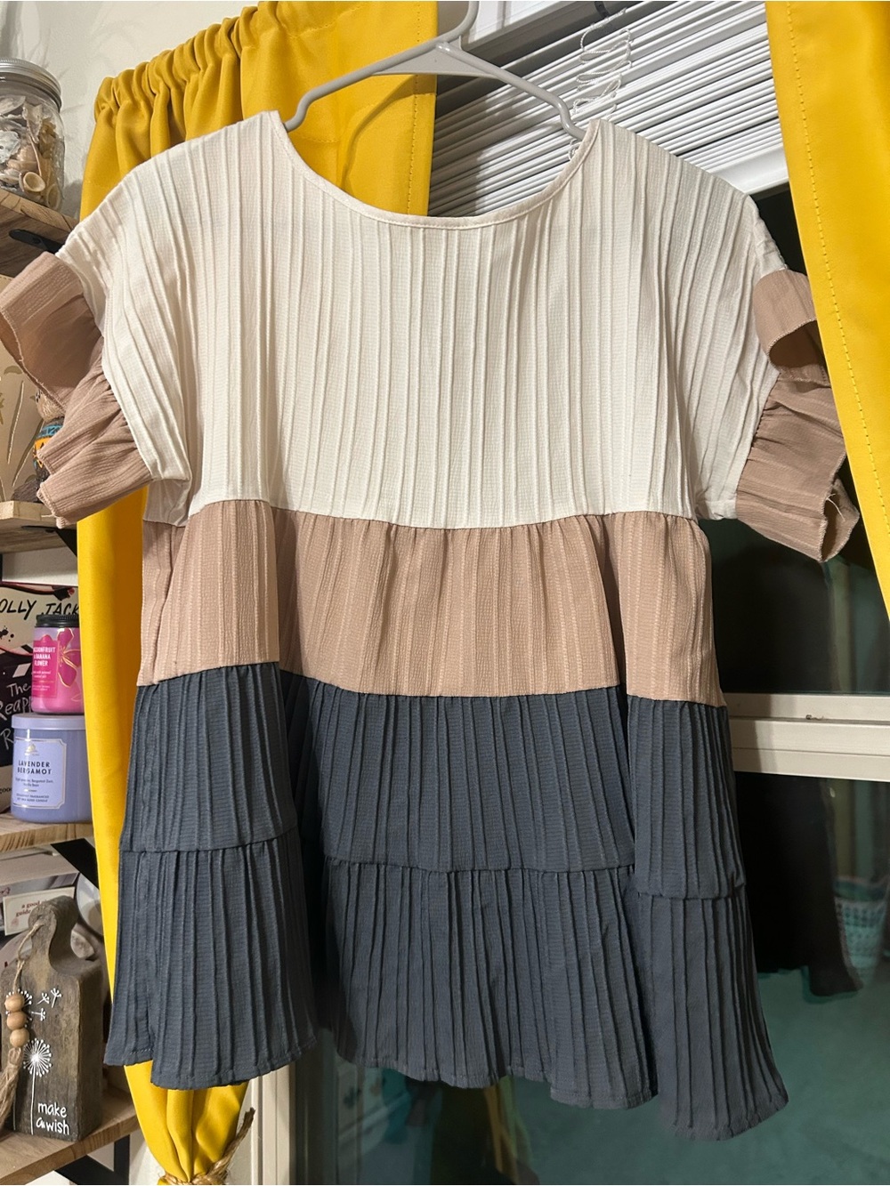 Women’s Tiered Colorblock Ruffled Dress - White, Taupe & Charcoal